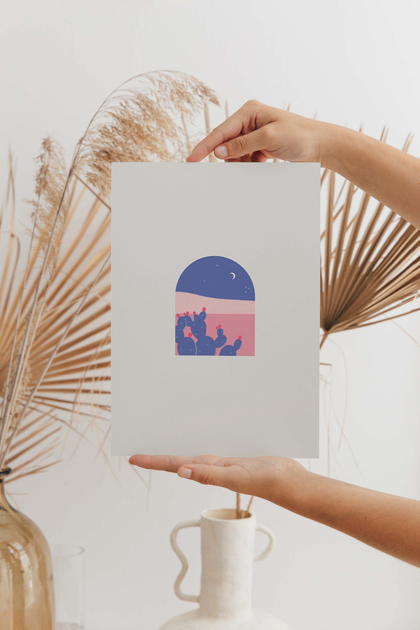 Blue And Pink Night Cactus Desert Wall Print